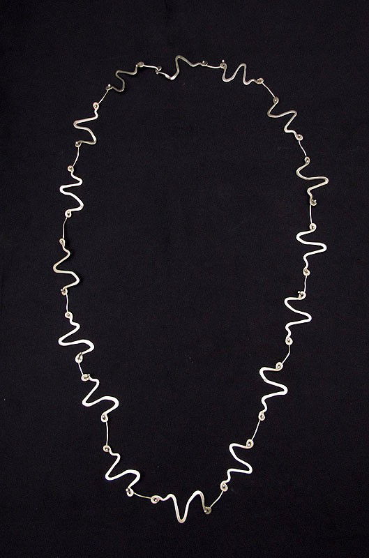 BIOMORPHIC STERLING LINK NECKLACE A SMITH: BIOMORPHIC STERLING LINK NECKLACE IN THE STYLE OF ART SMITH: Bearing signature A Smith, possibly a student piece, stamped Sterling. 36"l., .73 troy oz.