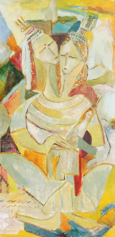 KUZULKA PAINTING OF 2 WOMEN: KUZULKA, Kierstead, (American, 1905-1985): 2 South East or Mid East Figures (Nude Silhouette Verso), OIL/Board. Studied with Wayman Adams, Robert Henri, John Sloan, and Robert Brackman, to name a few.