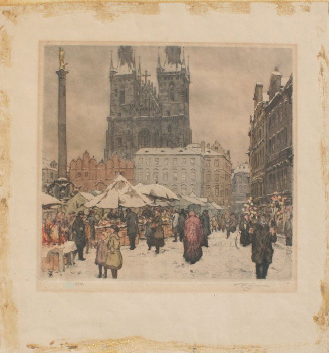 T.F. SIMON AQUATINT: SIMON, Tavik Frantisek, (Czech, 1877-1942): Snowy European Street Scene, Aqua Tint, full size with margins 16 3/4" x 15 1/2", pencil signed, singed in the plate, artist signature lower left, unframed.