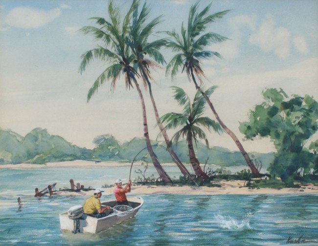 ANTON KURKA FLORIDA SNOOK FISHING PAINTING: KURKA, Anton, (American, 20th C): "Snook Fishing At Marco Island", Watercolor, sight size 12" x 16 1/2", signed, original frame, 19 1/2" x 23 1/2, titled verso.