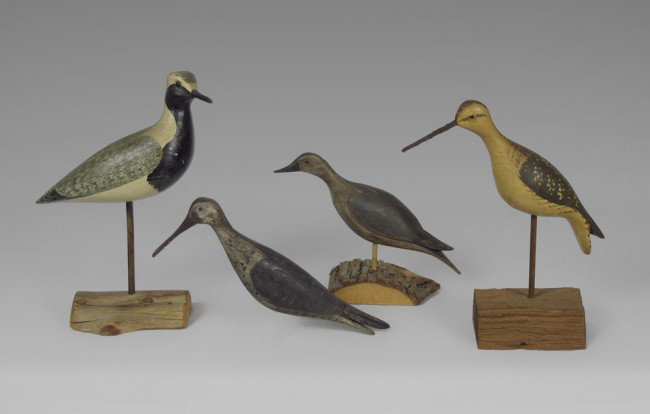 COLLECTION OF 4 CARVED & PAINTED SHOREBIRDS: COLLECTION OF 4 CARVED & PAINTED SHOREBIRDS: To include 1) 1986 Bruce Bieber mounted short bill. 2) Harry B Shourds black and white with glass eyes, signed. 3) Early unmounted longbill, sponge painted