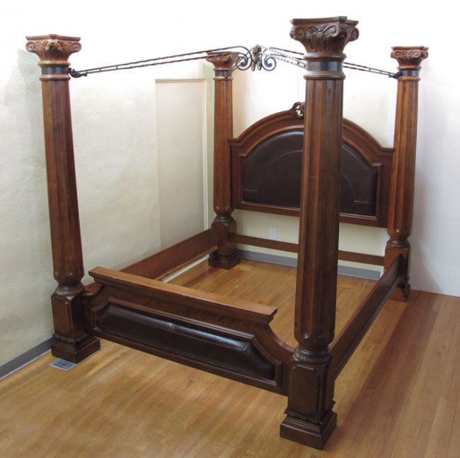 MODERN IRON MOUNTED FOUR POSTER BED: MODERN IRON MOUNTED FOUR POSTER BED: King size: Headboard 46'' h. x Footboard 21 3/4'' h. x Top To Bottom 91 1/2'' h. x 84 3/4'' w. 100 1/2'' d.