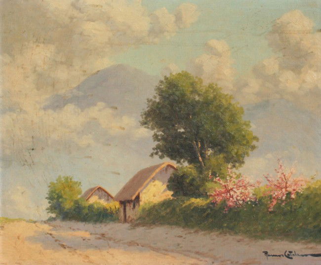 RAMOS CATALAN RURAL ROAD PAINTING: CATALAN, Ramos, (Chilean, 20th C.): Country Dirt road Landscape with Houses and Mountains in the Distance, 18 3/4" x 23", signed lower right, gilded and gesso frame with wear and missing gesso, 24" x