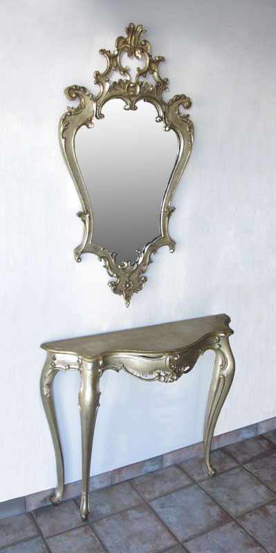 LA BARGE FOYER TABLE AND MIRROR: LA BARGE FOYER TABLE AND MIRROR: Table 34" h. x 39 1/2" x 11 3/4", mirror 47" x 25".