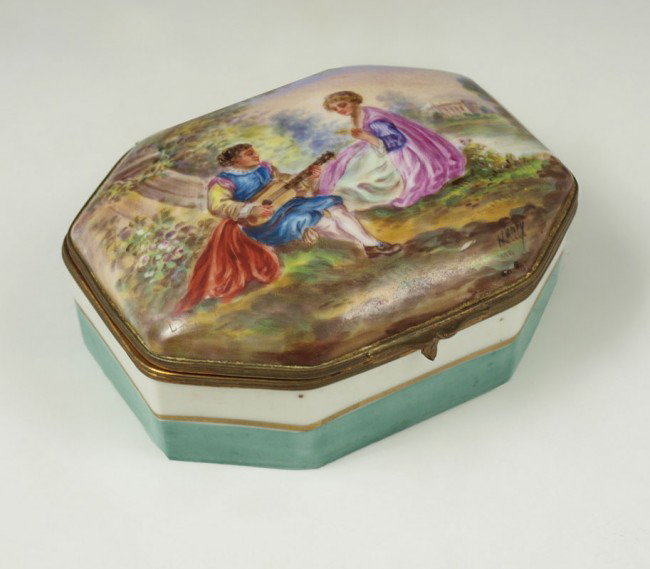 BLOCH MARSHALL FIELDS FRENCH PORCELAIN BOX: BLOCH MARSHALL FIELDS FRENCH PORCELAIN BOX: Bloch French porcelain made expressly for the Marshal Fields Co. Chicago. Hand painted scene of lovers in landscape. Hinged lid with floral decoration inter