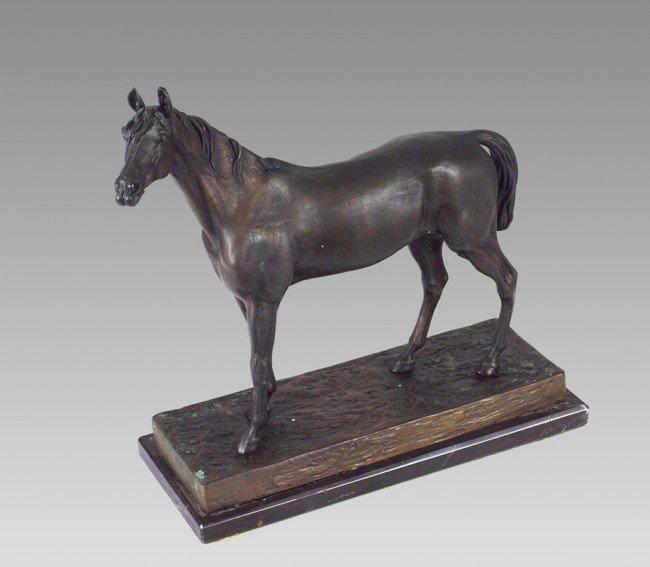 AFTER JULES MOIGNIEZ HORSE BRONZE: MOIGNIEZ, Jules, after, (French, 1835-1894): Thoroughbred Horse, Bronze, 12 1/2"h, polished marble plinth, 13 1/4" h overall, incised signature at base.