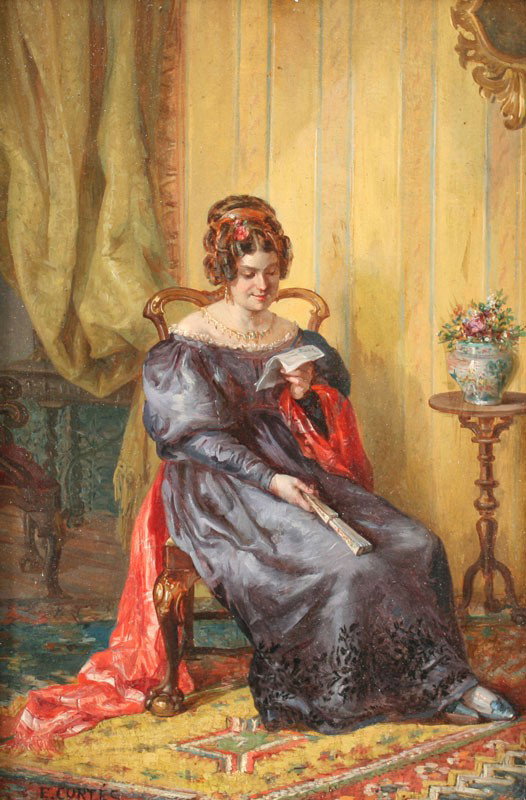 E. CORTES INTERIOR SCENE PAINTING: CORTES, E., (France, 19th/20th C: Seated Young Woman Reading a letter in a plush interior, Oil/Wood panel, 13" x 8 3/4", signed, pierced carved and gilded frame, 18 1/2" x 14 1/4".