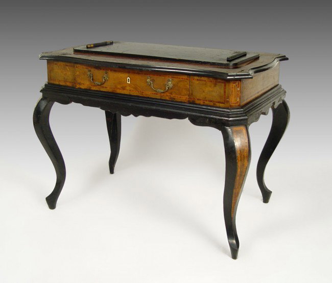 19TH C BROWN & LAMONT MUSIC BOX TABLE: 19th C BURL MUSIC BOX STAND: Burled and banded veneer table on cabriole legs. Old Brown & Lamont Cabinet Makers, Chester paper label. The table is 30 1/2''h. x 41'' x 24''. In need of a little TLC.