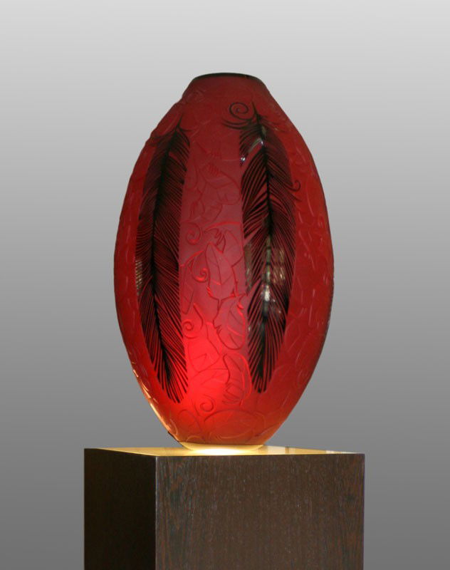 LARGE DUNCAN McCLELLAN GLASS VASE: McCLELLAN, Duncan, (American, 20th C.): Large Red and Black Etched Vase with Feather Motif, titled "Red Feather", overlaid sand carved hand blown glass. This project took 4 men to complete. Approximat