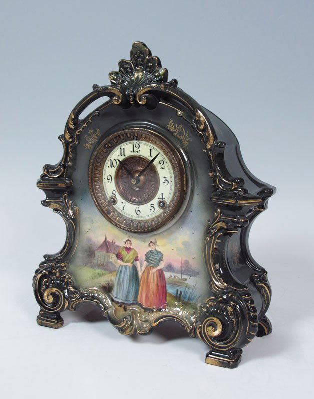 ANSONIA ROYAL BONN LA BRETAGNE MANTLE CLOCK: ANSONIA ROYAL BONN LA BRETAGNE MANTLE CLOCK: Dark green border with Dutch river scene and 2 maidens. Gold accents. Case marked Royal Bonn Germany, La Bretagne. Ansonia Clock Co. movement, key and pend
