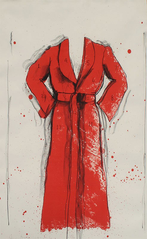 JIM DINE BATHROBE LITHOGRAPH 140/150: DINE, Jim, (American, 1935-): ''Bathrobe'', Lithograph, 32'' x 23 1/2'', pencil signed, dated 1970, numbered 140/150, finely framed with wear, 36'' x 28''.