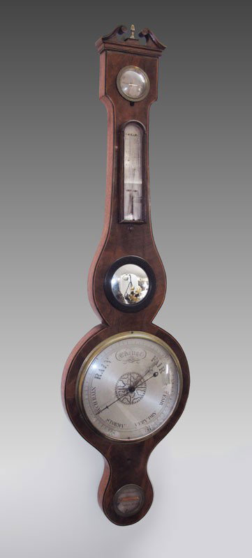 J. MANGIACAVALLI VICTORIAN BANJO BAROMETER: J. MANGIACAVALLI VICTORIAN BANJO BAROMETER: Signed J. Mangiacavalli 17 Leather Lane, mercury barometer with mirror, thermometer, hygrometer. Broken arch pediment with string inlay edges, convex glass 