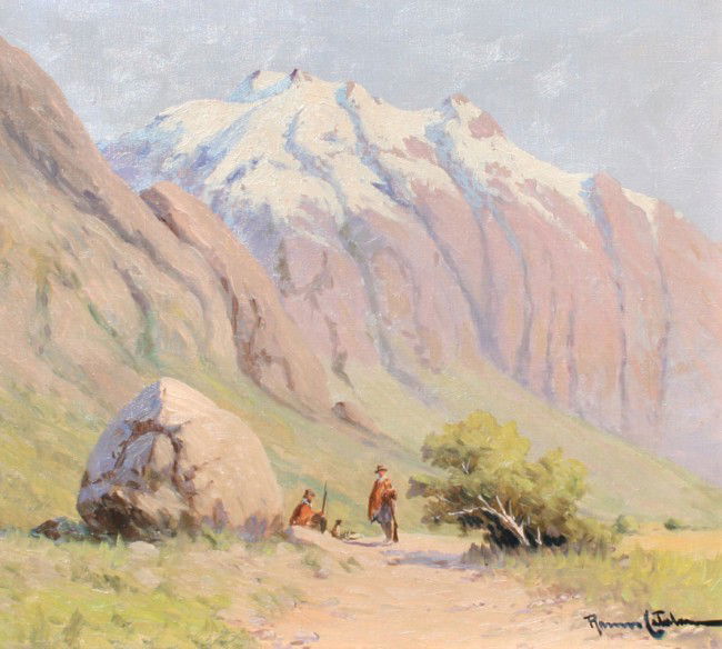 RAMOS CATALAN CHILEAN PAINTING: CATALAN, Benito Ramos, (Chilean, 1888-1961): Travelers at rest with snow capped mountain in the distance, Oil/Canvas, 15 3/4" x 17 3/4", signed, gilded frame, 20" x 22".