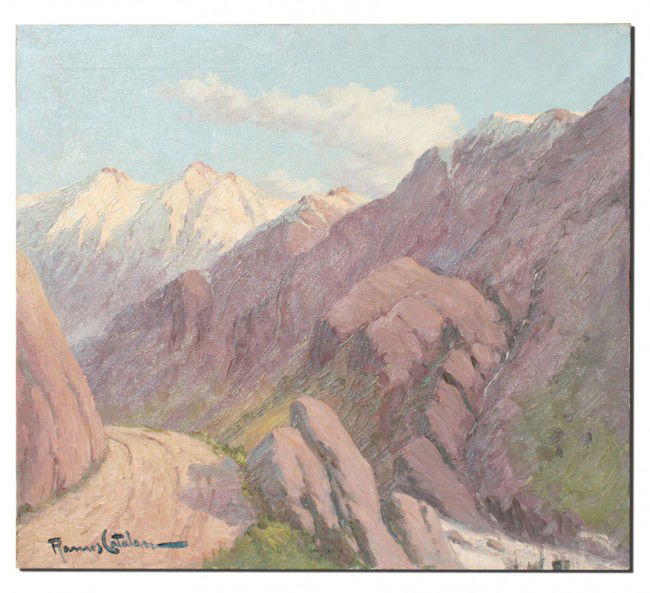 RAMOS CATALAN CHILEAN PAINTING: CATALAN, Benito Ramos, (Chilean, 1888-1961): Mountain road with snow capped mountains, Oil/Canvas, 15 3/4" x 17 1/4", signed, unframed.