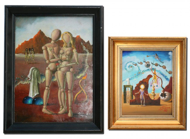 2 ANTON BREZEZINSKI SURREAL OIL PAINTINGS: BRZEZINSKI, Anton, (): 2 piece lot 1) Surreal Landscape with Doll-like Dali-esque Figures, Oil/Masonite, 16" x 12", signed lower right, dated 06, framed, 18 1/2" x 14 1/2"; 2) Surreal Dali-esque Lands