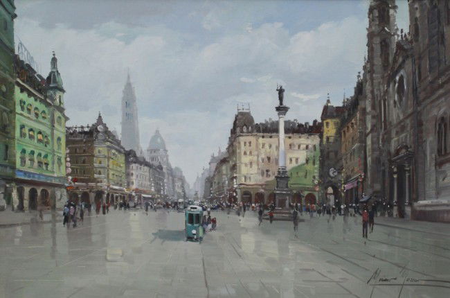 MARIANO MORENO PARISIAN PAINTING: MORENO, Mariano, (Italian, 20th C): Parisian Street Scene, Oil/Canvas laid on Masonite, 24" x 36", signed, painted and carved gesso frame, 32" x 43 1/2".