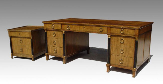 BAKER FURNITURE NEOCLASSICAL STYLE DESK AND: BAKER FURNITURE NEOCLASSICAL STYLE DESK AND FILE CABINET: Executive size desk with black columnar stiles, Desk measures 30" tall x 72" x 36". The file cabinet measures 24" tall x 23" x 27".