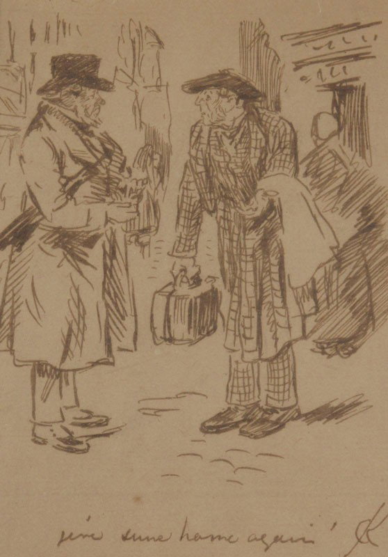CHARLES SAMUEL KEENE PEN & INK DRAWING: KEENE, Charles Samuel, (British, 1823-1891): "Thrift", Pen an Ink, sight size 5 1/4" x 3 3/4", signed lower right along with description and story behind the picture, Leicester Galleries original labe