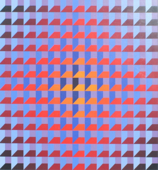 JEAN-PIERRE YVARAL OP-ART SERIGRAPH: YVARAL, Jean-Pierre Vasarely, (French, 1934 - 2002): Op-Art Composition, Silkscreen, sight size 26" x 25 1/2", pencil signed lower right, numbered 43/200 lower left, custom frame and matting with mino