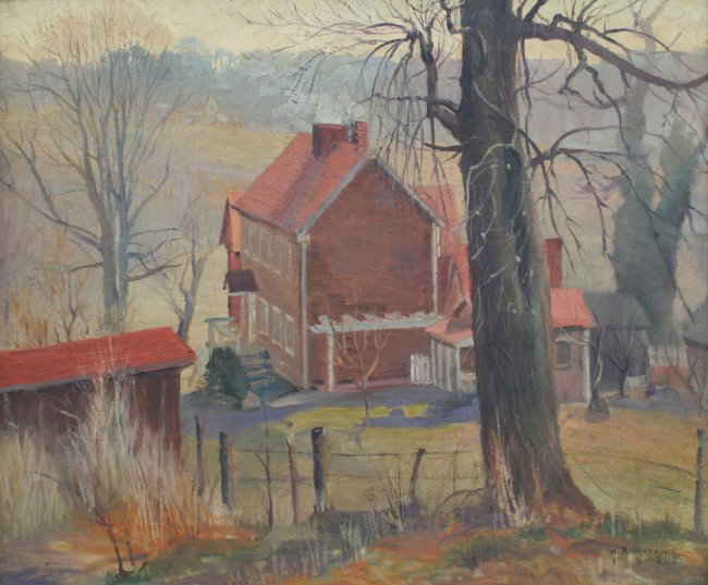 W.R. WATKINS EXHIBITED PAINTING : WATKINS, William Reginald, (American, 1850 - 1985): "Sunlight and Shade", Impressionist landscape with farm house, trees, and fence, Oil/Canvas, 25" x 30", signed and dated 1932, painted frame with mi