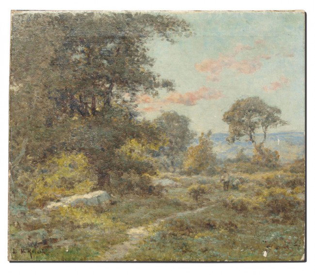L.H. ROBERTS LANDSCAPE PAINTING : ROBERTS, L.H., (American, 19/20th Century): Pastoral Landscape with Figures, Oil/Canvas, 17" x 20", signed, unframed.