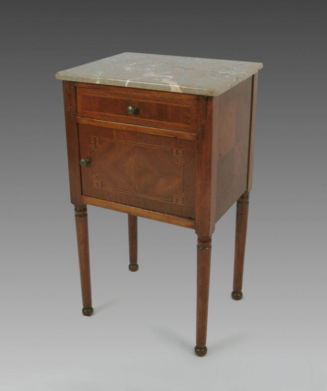 MARBLE TOP HUMIDOR: MARBLE TOP HUMIDOR STAND: Marble top over single drawer over single door. Geometric string inlay. 31 1/2" h. x 19 1/2" x 15 3/4".