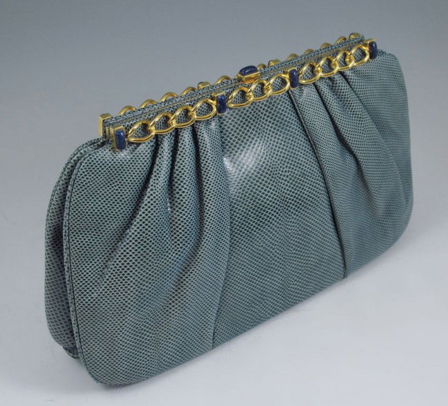 JUDITH LEIBER BLUE / GREEN REPTILE LEATHER PURSE: JUDITH LEIBER BLUE / GREEN REPTILE LEATHER PURSE: Lapis cabochon clasp and frame, interior coin purse. Made in Italy. 12 1/2" x 7 12".