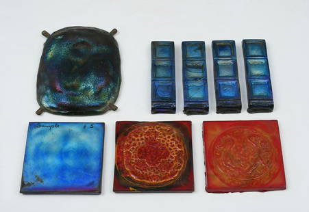 8 PC. RARE TIFFANY ART GLASS TILE COLLECTION: 8 PC. RARE TIFFANY ART GLASS TILE COLLECTION: Comprising; 1- Large Turtleback tile, 4- Rectangular tiles with each having three tiered squares, 1- Square tile, having floral & scrolling motif, 1-