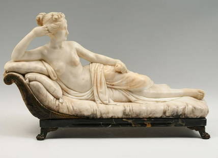 CARVED ANTIQUE MARBLE SCULPTURE OF PAULINE BONAPARTE: CARVED ANTIQUE MARBLE SCULPTURE OF PAULINE BONAPARTE: A topless Pauline Bonaparte reclining on a chaise. Mixed Media Marble, Bronze, and Variegated Black Marble, overall height 15'' x 24.5'' x 8.5''.