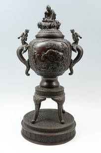 JAPANESE MEIJI BRONZE INCENSE BURNER: JAPANESE MEIJI BRONZE INCENSE BURNER: Surmounting recumbent laughing man at lid. Resting on a censor with Foo Lions at the observe, & perched Birds at the reverse. Flanked by stylized Dragon handles.