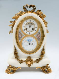 TIFFANY YOUNG & ELLIS CLOCK: TIFFANY, YOUNG & ELLIS ORMOLU MOUNTED MARBLE CALENDAR CLOCK: Inner Works marked A. Brocot & Delettrez Paris, with key and pendulum. Approx. 18" h x 12.75" w x 6.5" d.