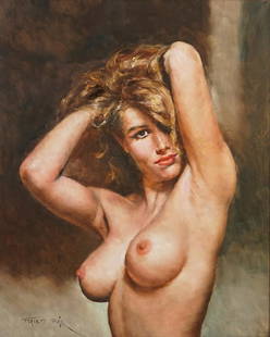 LARGE PAL FRIED EROTIC NUDE BLONDE PAINTING: FRIED, Pal (1893-1976, Hungarian): "Sandra", A Topless Beauty Posing, Oil/Canvas, 30.25" x 24", signed lower left, framed, 38.25" x 32".