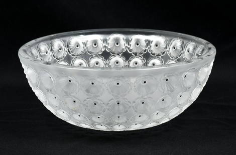 NEMOURS LALIQUE ART GLASS BOWL: NEMOURS LALIQUE ART GLASS BOWL: Nemours Lalique Art Glass Bowl with inverse geometric motif of flowers, decreasing in size from top to underside. Signed Lalique, 4'' h x 10'' dia.