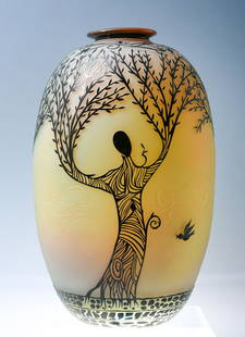 LARGE DUNCAN MCCLELLAN TREE OF LIFE VASE: LARGE DUNCAN MCCLELLAN TREE OF LIFE VASE: Duncan McClellan (American, 20th Century). Blown & etched art glass vase from the "Tree of Life" series. Etched signature at the underside. Approx. 18.25" h