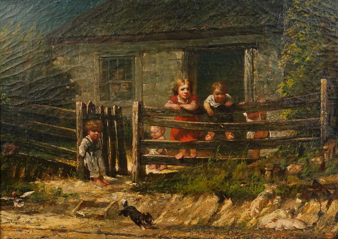 LARGE ILLEGIBLY SIGNED PAINTING OF CHILDREN PLAYING WITH PUPPY TREGO? (1 of 4)
