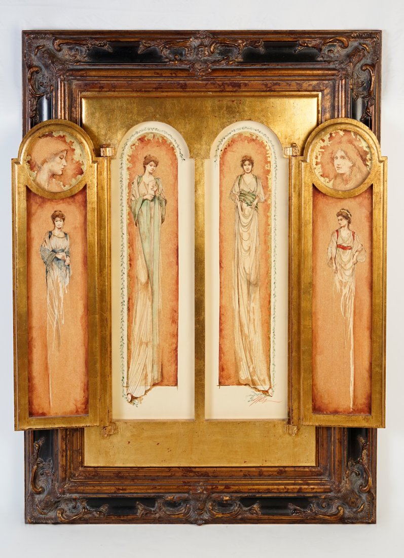 UNUSUAL LARRY GREER ART NOUVEAU PAINTING GROUP: GREER, Larry, (American, 20th Century): Gilded centerpiece hinged with semi-nude young female decorations that open to reveal three paintings on each side panel of young females. The center panels mea