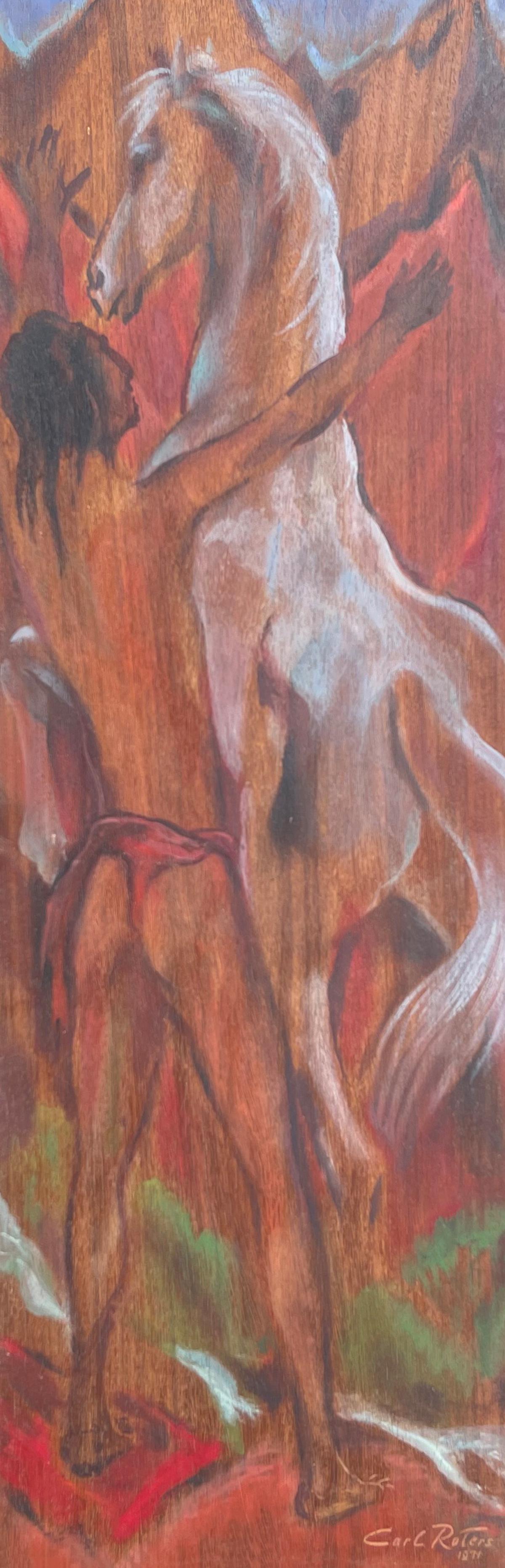 CARL ROTERS NATIVE AMERICAN INDIAN WITH HORSE PAINTING: ROTERS, Carl, (American, 1898-1989): Rearing Horse and Native American Indian, Oil/Wood, 25.75'' x 8.75'', signed lower right and dated 1971, fine custom framing, 30.75'' x 13.75''.