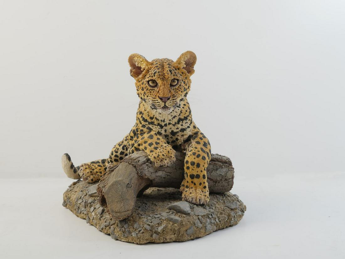 JOHANNA DRUMMOND LEOPARD CLAY SCULPTURE: JOHANNA DRUMMOND LEOPARD CLAY SCULPTURE: Individually carved clay sculpture of a Leopard cub signed by the artist. Originally purchased for $1800 on Mar 11, 1989. Measures approximately 11''h x 11'' w