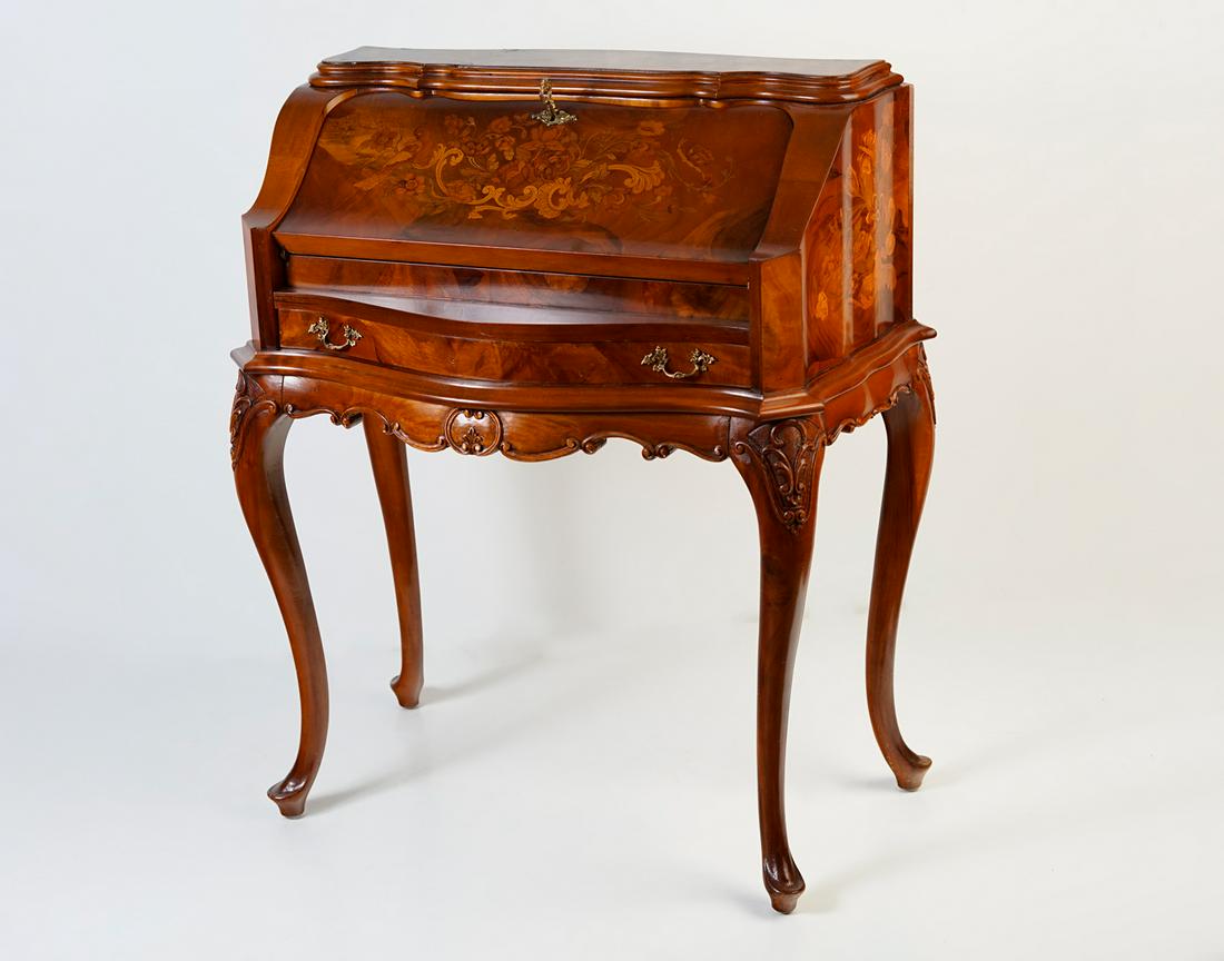 FRENCH INLAID SECRETARY: FRENCH INLAID SECRETARY: Marquetry inlaid secretary with a three drawer interior and a writing surface, over a single drawer. Raised on cabriole legs with Dutch club feet. Approx. 38.25" h x 31" w x 2