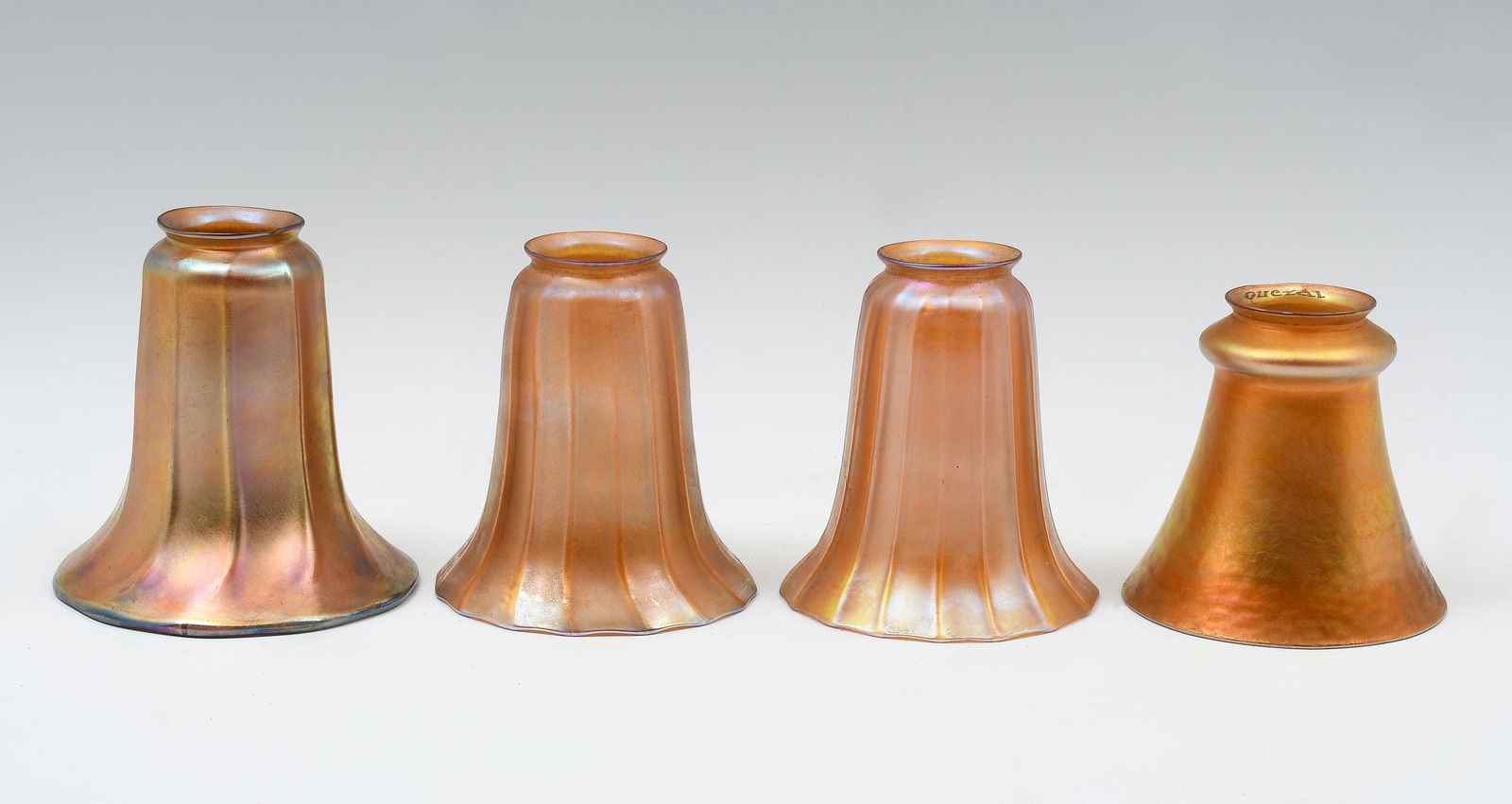 4 PC. IRIDESCENT QUEZAL ART GLASS SHADES (1 of 5)