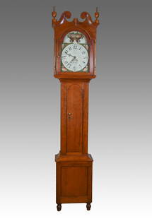 SAMUEL KRAUSS CHERRY TALL CASE CLOCK: SAMUEL KRAUSS CHERRY TALL CASE CLOCK: Mid-19th-cenruty Pennsylvania Sheraton cherry tall case clock, by Samuel Krauss (1807-1904), signed Cherry Tall Cased Clock. Montgomery County. Single weight,