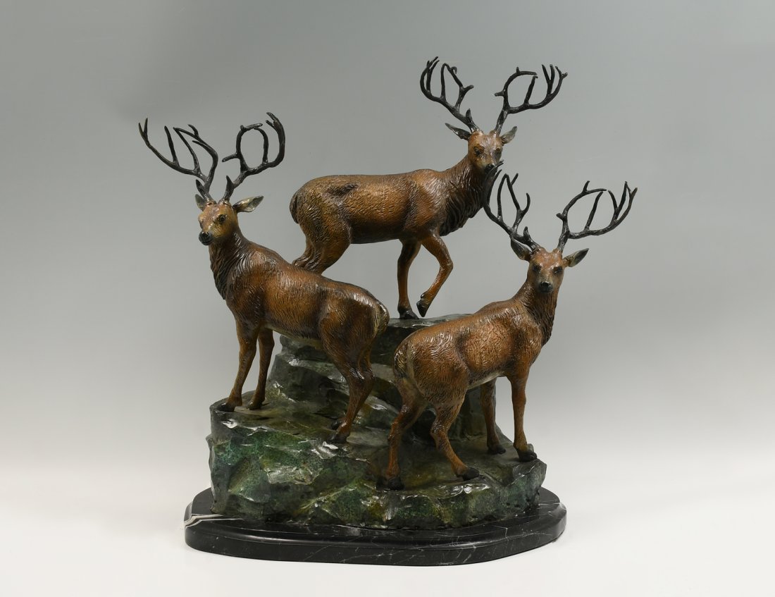 LARGE PATINATED BRONZE SCULPTURE OF THREE STAGHORN ELK (1 of 4)