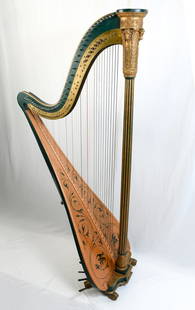 DOCUMENTED ERARD HARP CIRCA 1795: IMPORTANT DOCUMENTED ERARD HARP CIRCA 1795: Large single action harp, plucked string instrument, 41 strings, triangular shaped, primarily of light colored maple or pine, decorative leaf and vine