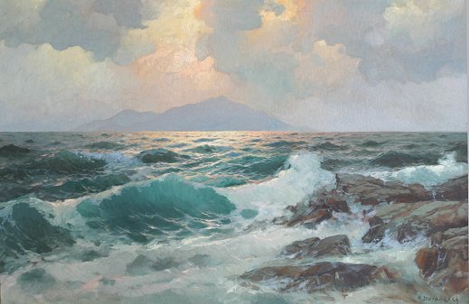 ALEXANDER DZIGURSKI COASTAL SUNSET PAINTING: DZIGURSKI, Alexander, (American, 1911-1995): Coastal scene with waves crashing, O/C, 24'' x 36'', signed lower right, encased in Macklin style gilt frame with over-paint and missing finish, 28'' x 40'