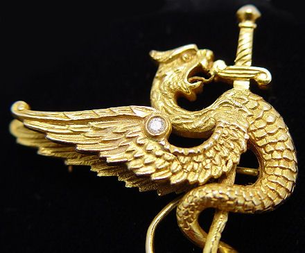 14K & DIAMOND DRAGON PIN W/ MOTH JADE CHARM - 2