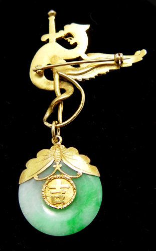14K & DIAMOND DRAGON PIN W/ MOTH JADE CHARM - 4