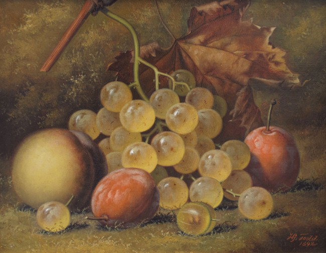 HENRY GEORGE TODD STILL LIFE PAINTING: TODD, Henry George, (British, 1846-1898): Still Life of Fruit, Oil/Canvas, 8'' x 10, signed and dated 1892, fine contemporary frame 14 1/2 x 16 1/2'', William Rivett gallery label verso.