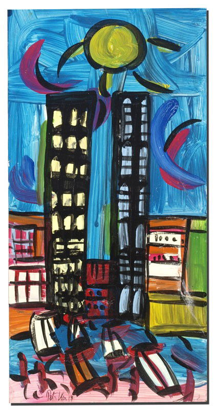 PETER KEIL PAINTING: KEIL, Peter, (German, 1942 - ): ''Miami Beach, Downtown'', Oil/Masonite, 48'' x 24'', signed and dated 84, unframed.
