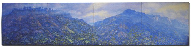 GONZALO ARIZA EXHIBITED 4 PANEL PAINTED MURAL: ARIZA, Gonzalo, (Columbian, 1912-): "Monserrate, Guadalupe, and La Pena"; De Los tres Santuarios el Ultimo es el mas Antiquo Precolumbino, Large 4 panel Mountain Landscape scene, each panel, 35 1/4" x