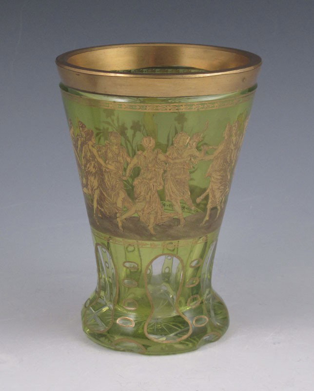 EARLY BOHEMIAN VASELINE GLASS BEAKER: EARLY BOHEMIAN VASELINE GLASS BEAKER: Green vaseline glass with gold band and decoration of Roman figures, 5 1/8''